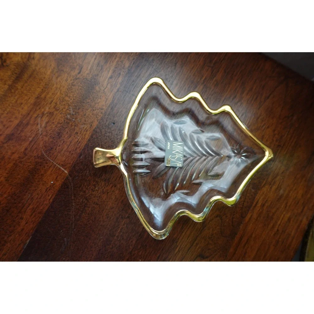 Vintage MIKASA Japan clear with gold trim Christmas tree‎ trinket dish
